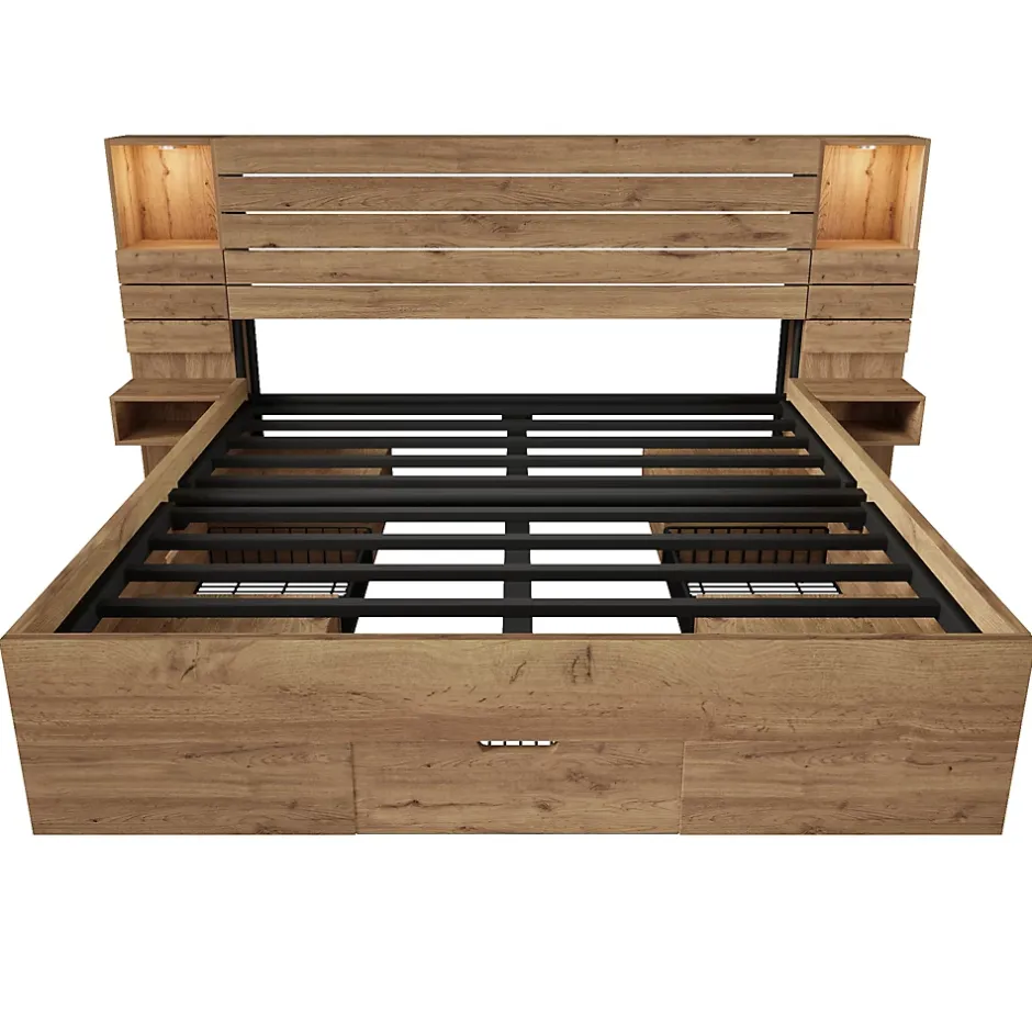 ModernLuxe Lit adulte 160x200 cm en bois+MDF - avec table de chevet suspendue - LED + prises chargement - Naturel (sans matelas) Clearance