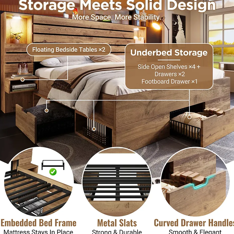 ModernLuxe Lit adulte 160x200 cm en bois+MDF - avec table de chevet suspendue - LED + prises chargement - Naturel (sans matelas) Clearance