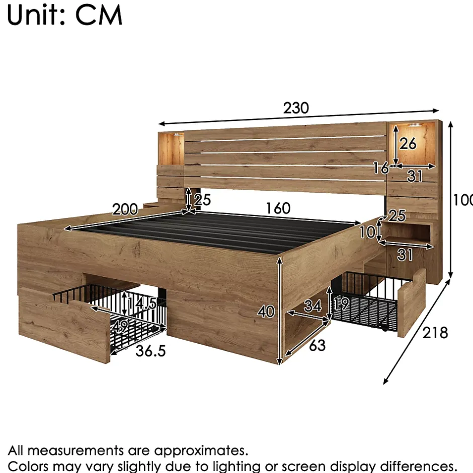 ModernLuxe Lit adulte 160x200 cm en bois+MDF - avec table de chevet suspendue - LED + prises chargement - Naturel (sans matelas) Clearance