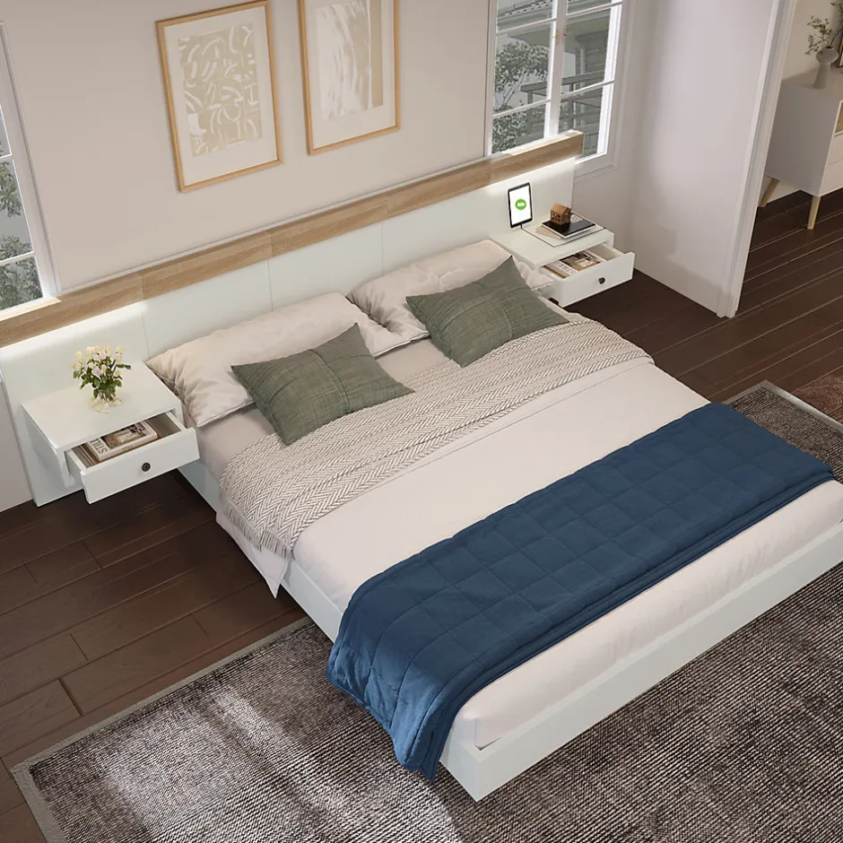 Gutent Lit adulte 140x200 cm, lit double avec chevets suspendus, led et prise usb type c, cadre en bois, chêne + blanc (sans matelas)