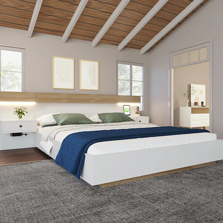 Gutent Lit adulte 140x200 cm, lit double avec chevets suspendus, led et prise usb type c, cadre en bois, chêne + blanc (sans matelas)