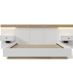Gutent Lit adulte 140x200 cm, lit double avec chevets suspendus, led et prise usb type c, cadre en bois, chêne + blanc (sans matelas)