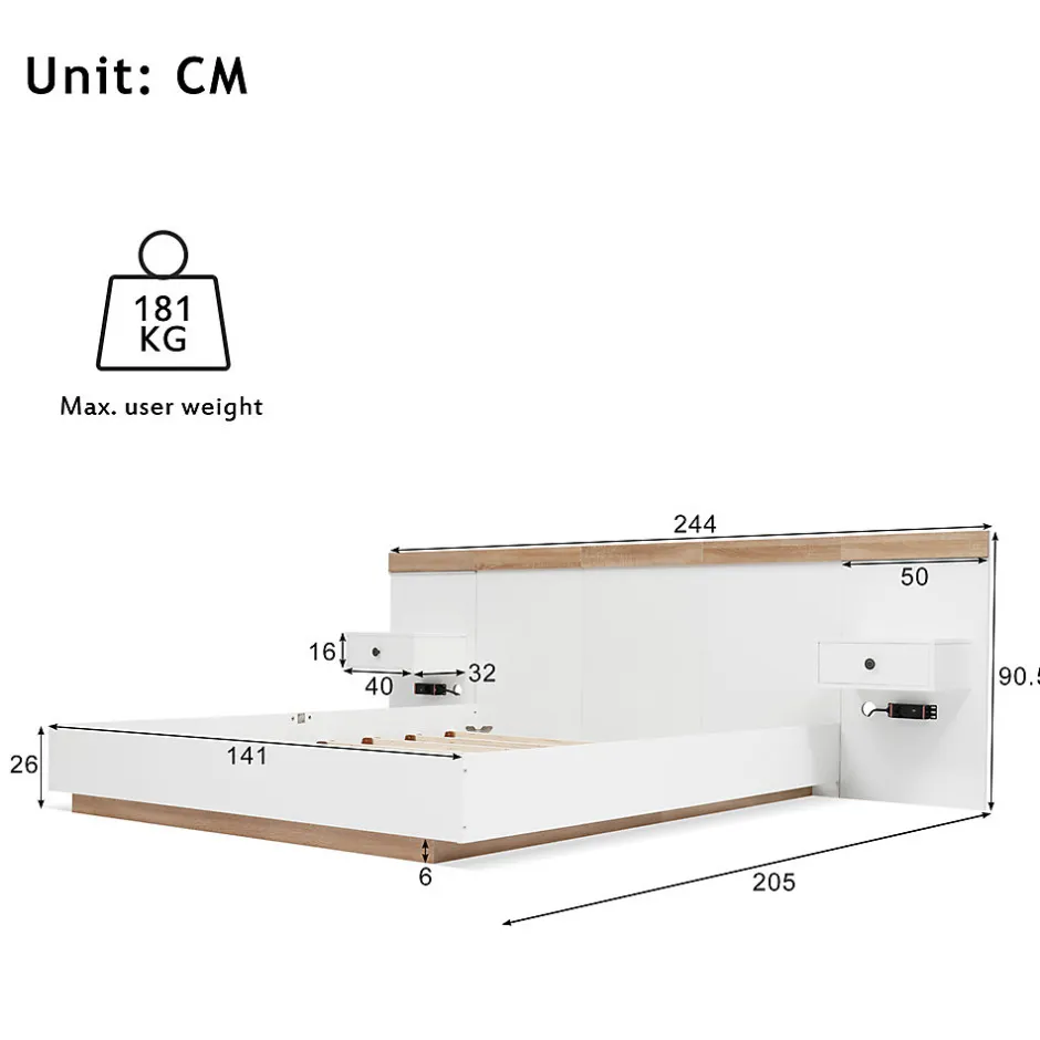 Gutent Lit adulte 140x200 cm, lit double avec chevets suspendus, led et prise usb type c, cadre en bois, chêne + blanc (sans matelas)