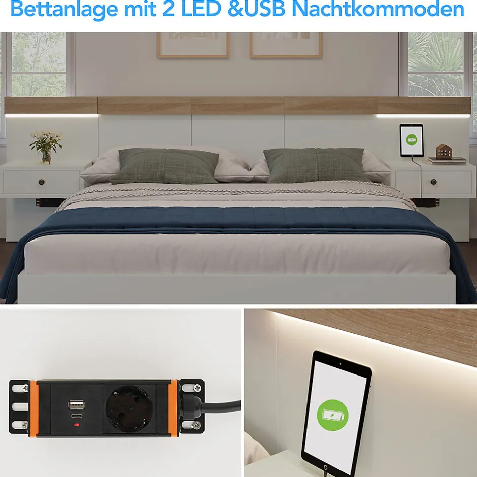 Gutent Lit adulte 140x200 cm, lit double avec chevets suspendus, led et prise usb type c, cadre en bois, chêne + blanc (sans matelas)