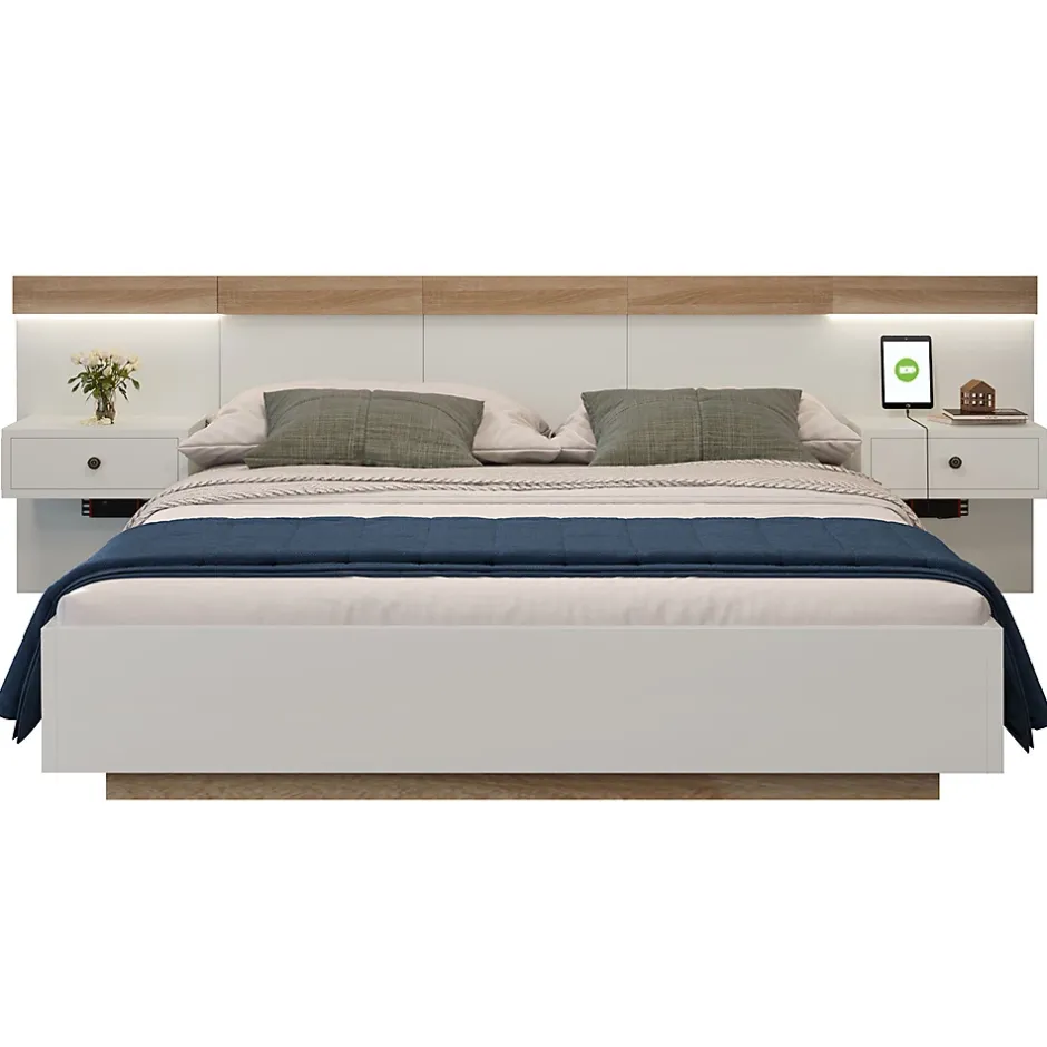 Gutent Lit adulte 160x200 cm, lit double avec chevets suspendus, led et prise usb type c, cadre en bois, chêne + blanc (sans matelas) Clearance
