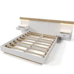 Gutent Lit adulte 160x200 cm, lit double avec chevets suspendus, led et prise usb type c, cadre en bois, chêne + blanc (sans matelas) Clearance