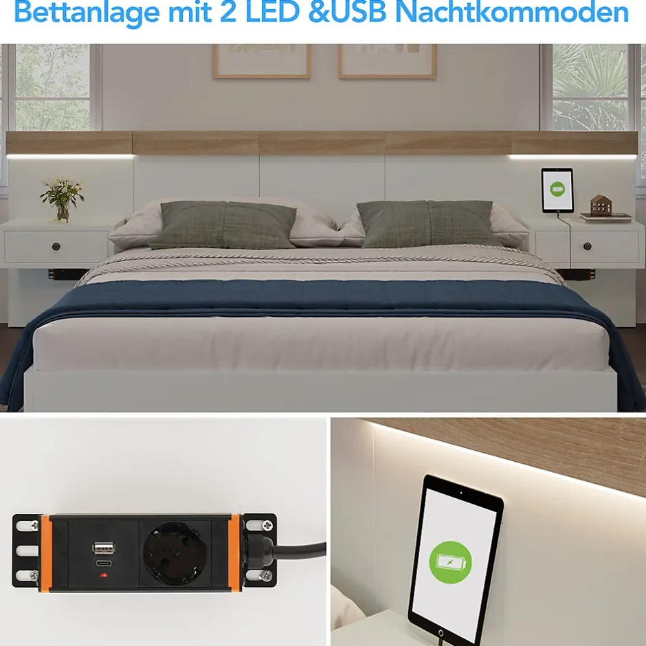 Gutent Lit adulte 160x200 cm, lit double avec chevets suspendus, led et prise usb type c, cadre en bois, chêne + blanc (sans matelas) Clearance