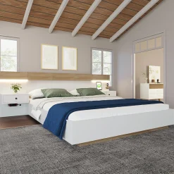 Gutent Lit adulte 180x200 cm, lit double avec chevets suspendus, led et prise usb typ c, cadre en bois, chêne + blanc (sans matelas)