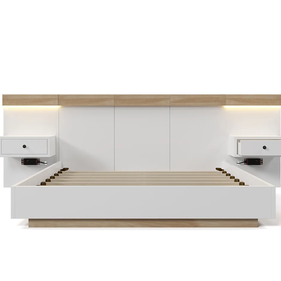 Gutent Lit adulte 180x200 cm, lit double avec chevets suspendus, led et prise usb typ c, cadre en bois, chêne + blanc (sans matelas)
