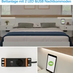Gutent Lit adulte 180x200 cm, lit double avec chevets suspendus, led et prise usb typ c, cadre en bois, chêne + blanc (sans matelas)