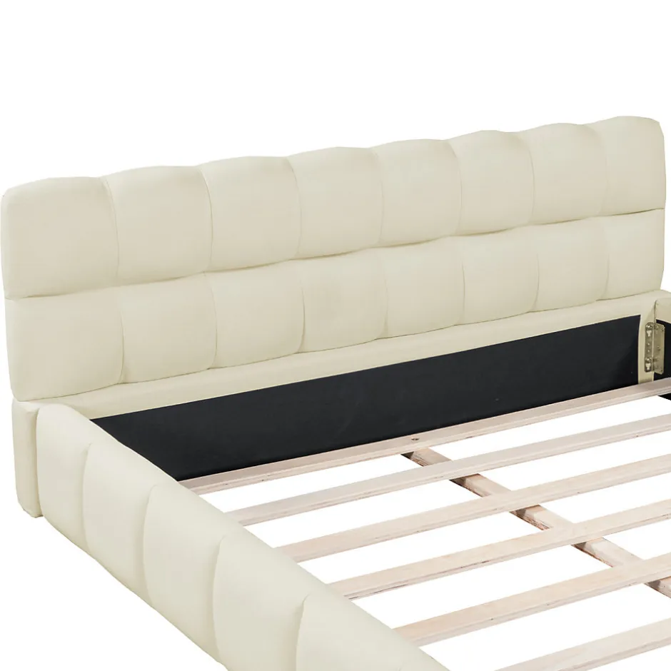 ProximaX Lit adulte 140x200 cm, lit rembourré en lin, dossier moelleux, sommier à lattes, tête de lit, Beige