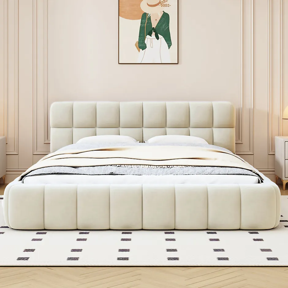 ProximaX Lit adulte 140x200 cm, lit rembourré en lin, dossier moelleux, sommier à lattes, tête de lit, Beige