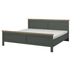Meublorama Lit adulte 180x200 collection ASSIA. Coloris vert kaki et finitions aspect chene.
