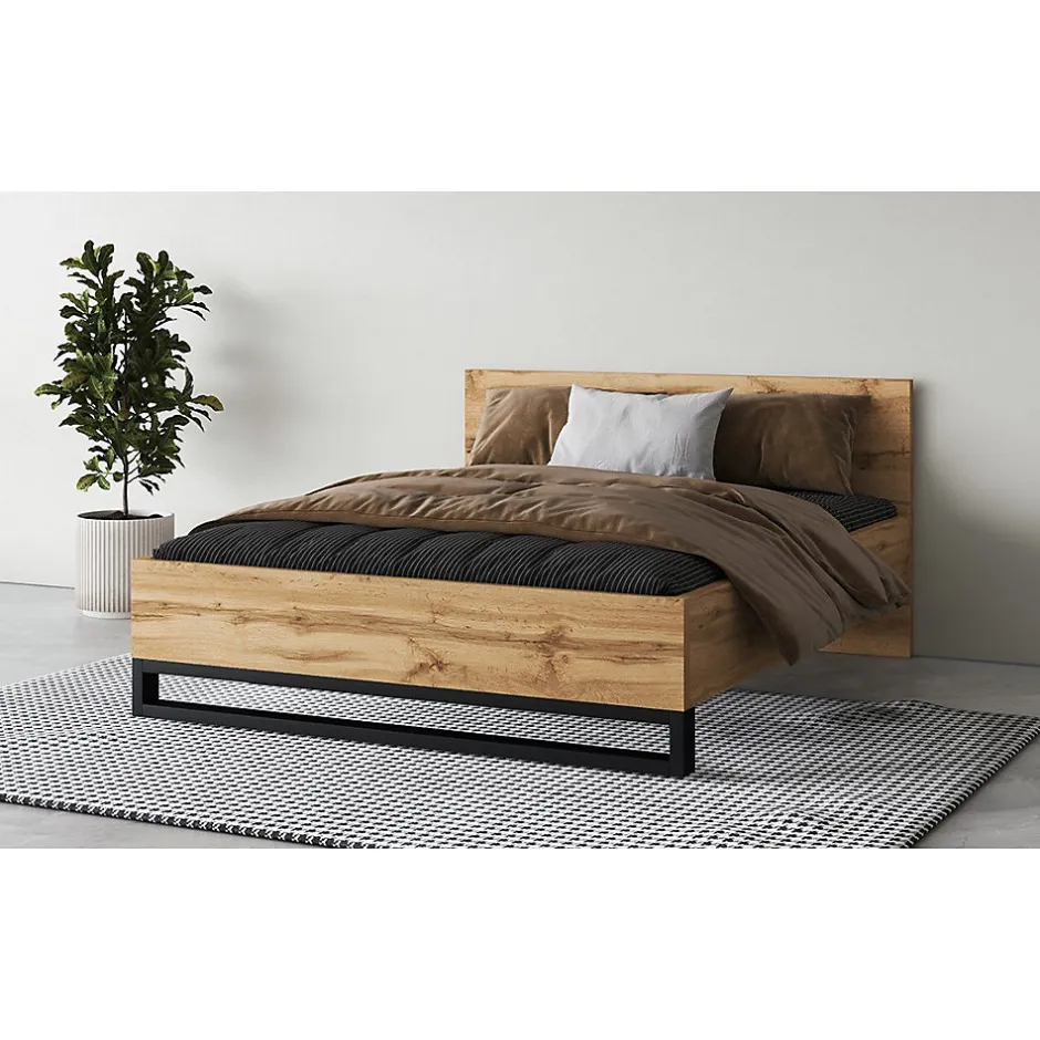 Meublorama Lit adulte 160x200 style industriel - Collection MILOS. Coloris chene brut et noir. Sommier inclus