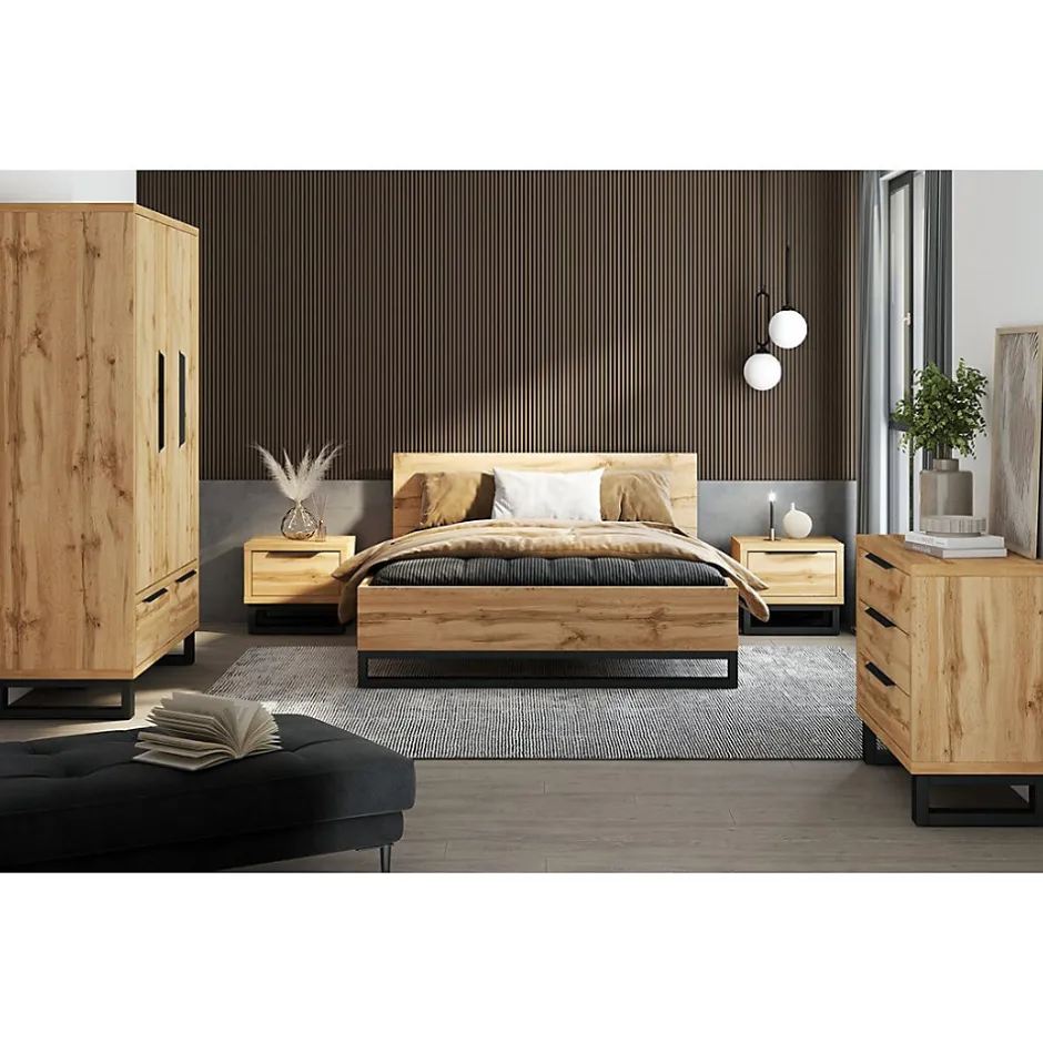 Meublorama Lit adulte 160x200 style industriel - Collection MILOS. Coloris chene brut et noir. Sommier inclus