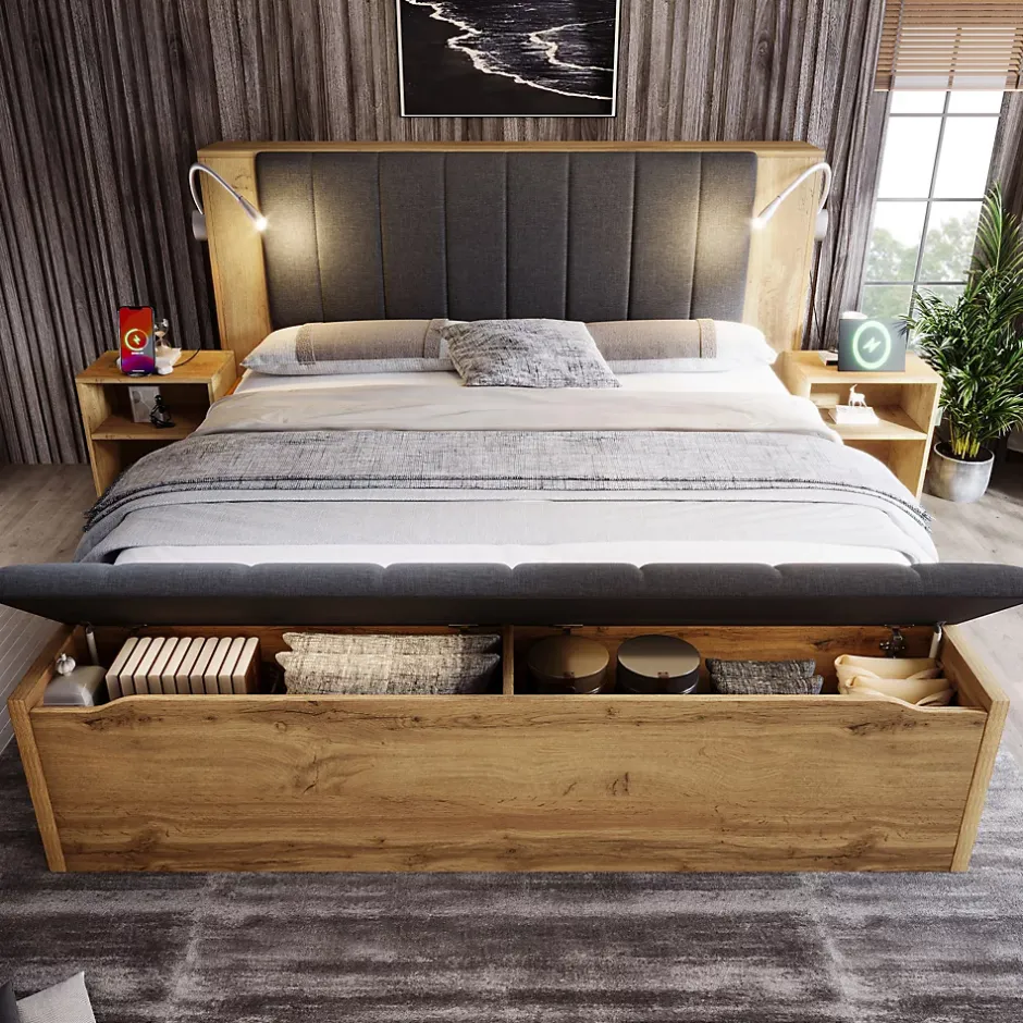 ModernLuxe Lit adulte 180x200cm - lampe de lecture+prises chargement+banquette de rangement - 2 tables de chevet - Naturel (sans matelas) Online