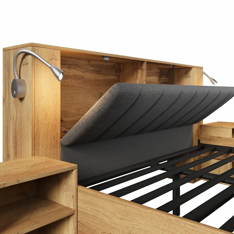 ModernLuxe Lit adulte 180x200cm - lampe de lecture+prises chargement+banquette de rangement - 2 tables de chevet - Naturel (sans matelas) Online