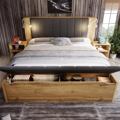 ModernLuxe Lit adulte 160x200cm - lampe de lecture+prises chargement+banquette de rangement - 2 tables de chevet - Naturel (sans matelas) Clearance