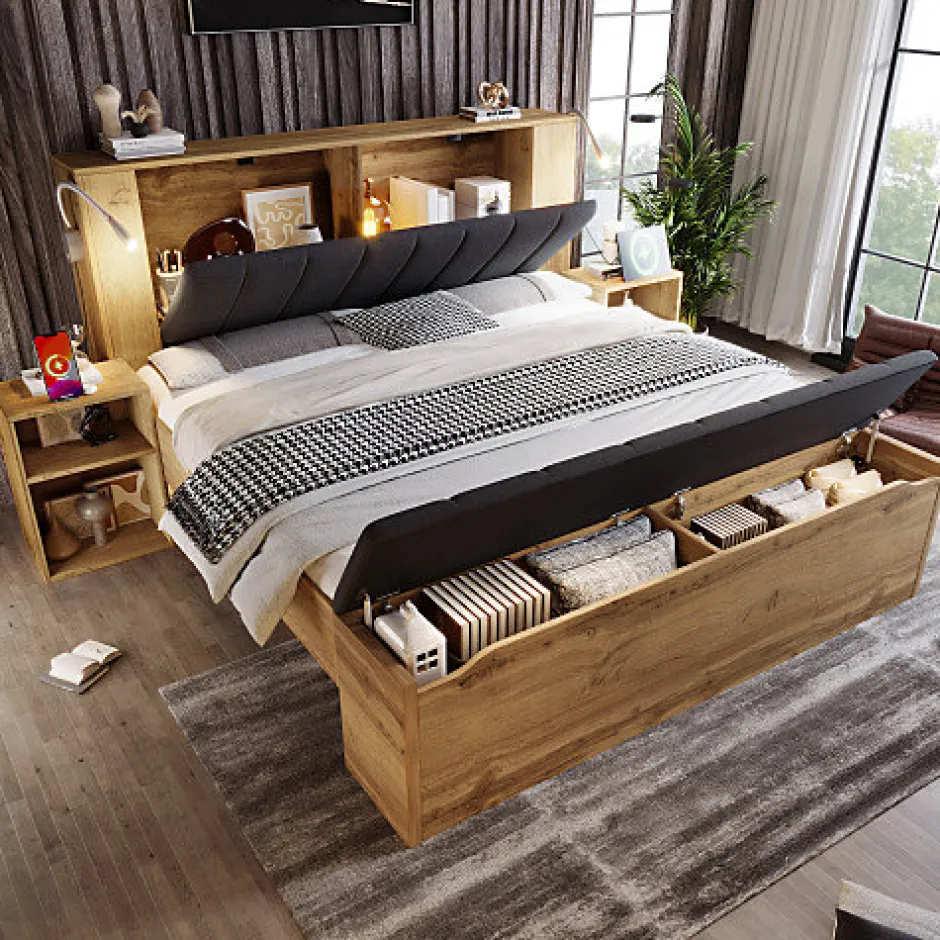 ModernLuxe Lit adulte 160x200cm - lampe de lecture+prises chargement+banquette de rangement - 2 tables de chevet - Naturel (sans matelas) Clearance