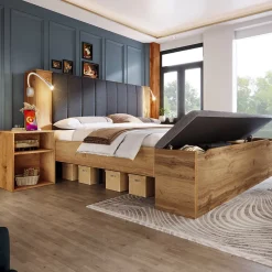 ModernLuxe Lit adulte 160x200cm - lampe de lecture+prises chargement+banquette de rangement - 2 tables de chevet - Naturel (sans matelas) Clearance