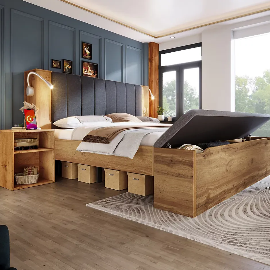ModernLuxe Lit adulte 160x200cm - lampe de lecture+prises chargement+banquette de rangement - 2 tables de chevet - Naturel (sans matelas) Clearance