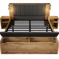 ModernLuxe Lit adulte 160x200cm - lampe de lecture+prises chargement+banquette de rangement - 2 tables de chevet - Naturel (sans matelas) Clearance