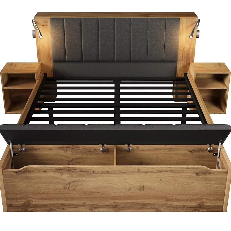 ModernLuxe Lit adulte 160x200cm - lampe de lecture+prises chargement+banquette de rangement - 2 tables de chevet - Naturel (sans matelas) Clearance