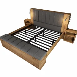 ModernLuxe Lit adulte 160x200cm - lampe de lecture+prises chargement+banquette de rangement - 2 tables de chevet - Naturel (sans matelas) Clearance
