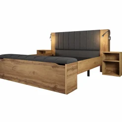 ModernLuxe Lit adulte 160x200cm - lampe de lecture+prises chargement+banquette de rangement - 2 tables de chevet - Naturel (sans matelas) Clearance