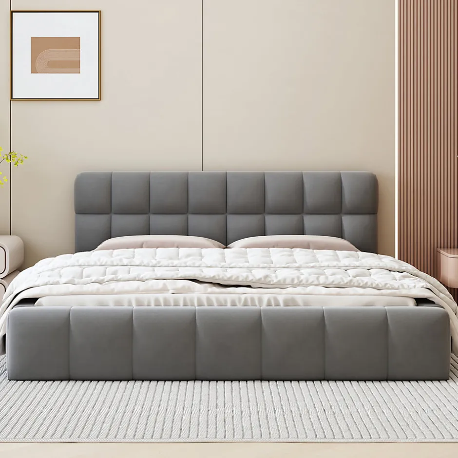 Simple Life Lit adulte 160x200cm en lin avec dossier moelleux, lit plat avec sommier à lattes, gris