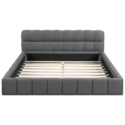 Simple Life Lit adulte 160x200cm en lin avec dossier moelleux, lit plat avec sommier à lattes, gris