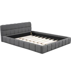 Simple Life Lit adulte 160x200cm en lin avec dossier moelleux, lit plat avec sommier à lattes, gris