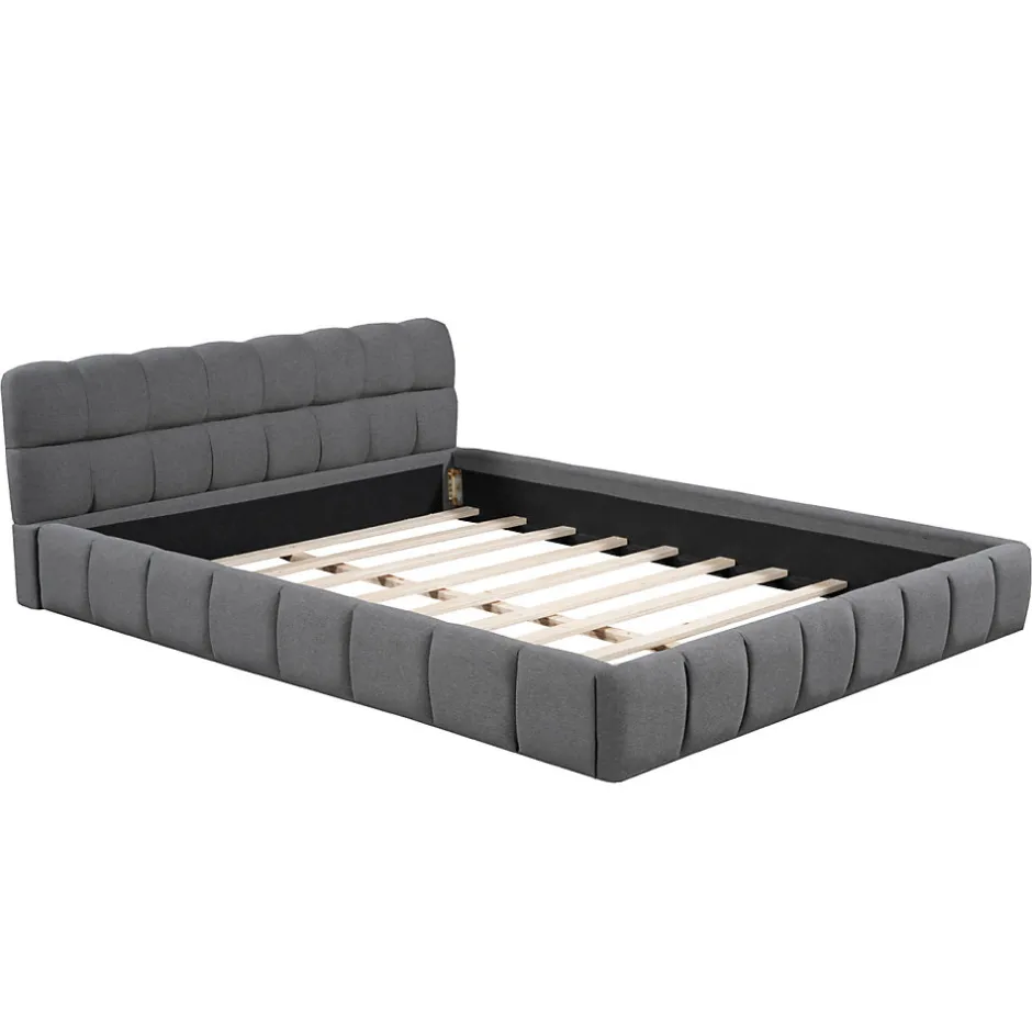 Simple Life Lit adulte 160x200cm en lin avec dossier moelleux, lit plat avec sommier à lattes, gris