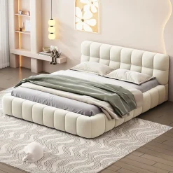 Simple Life Lit adulte 140x200cm en lin avec dossier moelleux, Lit plat avec sommier à lattes, beige