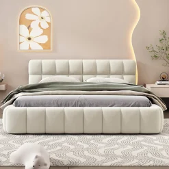 Simple Life Lit adulte 140x200cm en lin avec dossier moelleux, Lit plat avec sommier à lattes, beige