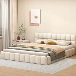 Simple Life Lit adulte 140x200cm en lin avec dossier moelleux, Lit plat avec sommier à lattes, beige