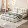 Simple Life Lit adulte 160x200cm en lin avec dossier moelleux, lit plat avec sommier à lattes, beige