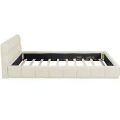 Simple Life Lit adulte 160x200cm en lin avec dossier moelleux, lit plat avec sommier à lattes, beige