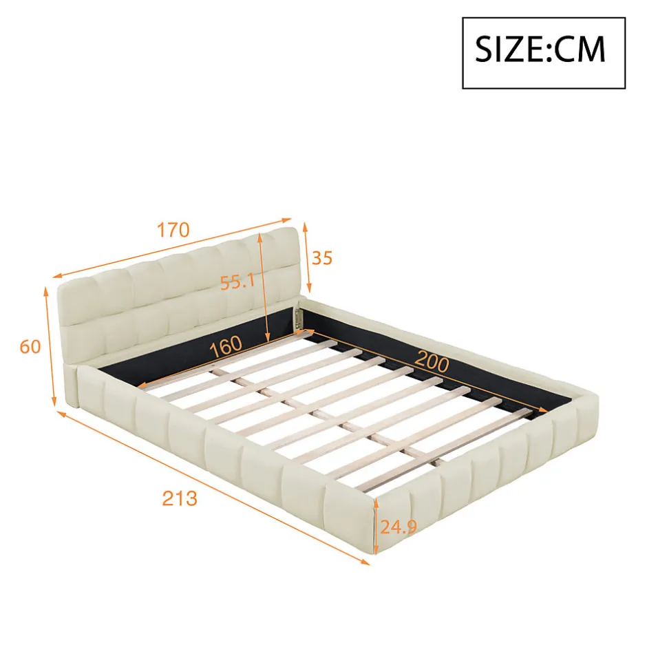 Simple Life Lit adulte 160x200cm en lin avec dossier moelleux, Lit plat avec sommier à lattes, beige