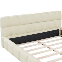 Simple Life Lit adulte 160x200cm en lin avec dossier moelleux, Lit plat avec sommier à lattes, beige