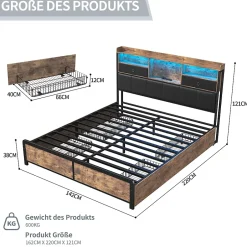 ProximaX Lit adulte 140x200cm,avec LED et tiroirs, lit en fer avec tête de lit et sommier à lattes, noir Sale