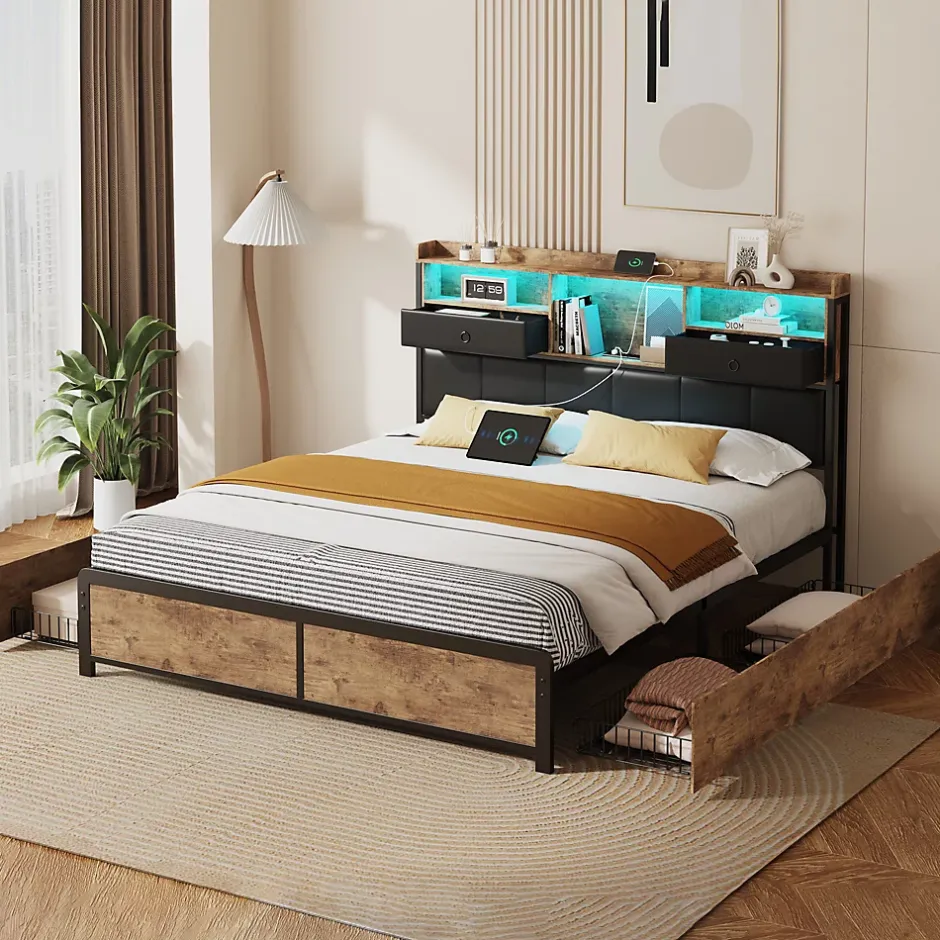 ProximaX Lit adulte 140x200cm,avec LED et tiroirs, lit en fer avec tête de lit et sommier à lattes, noir Sale