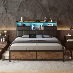 ProximaX Lit adulte 140x200cm,avec LED et tiroirs, lit en fer avec tête de lit et sommier à lattes, noir Sale
