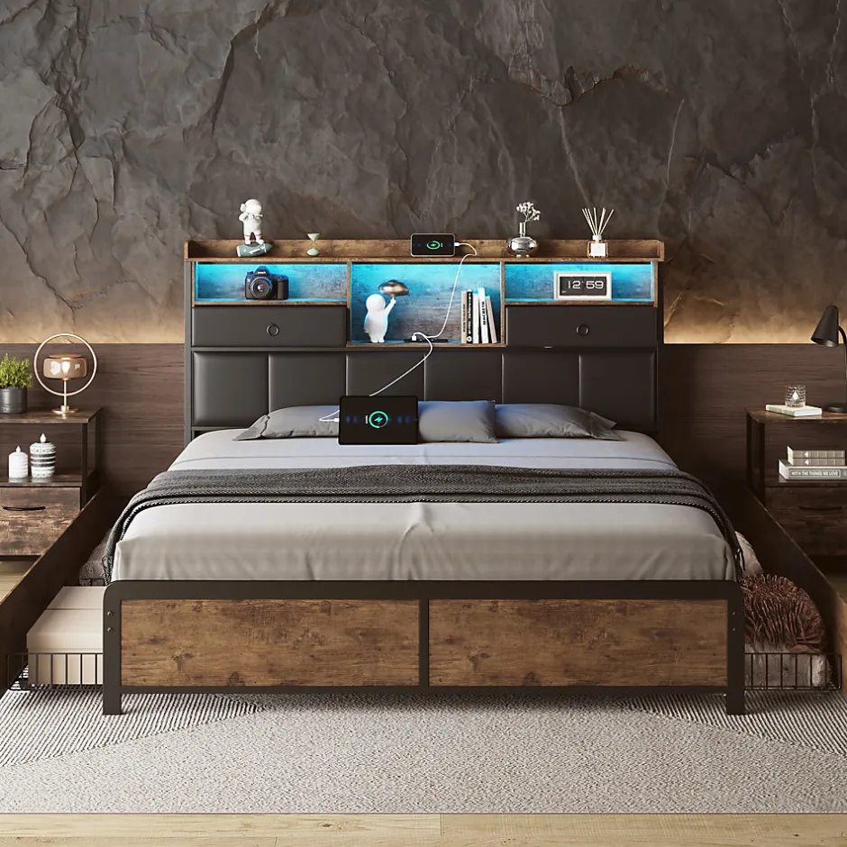 ProximaX Lit adulte 140x200cm,avec LED et tiroirs, lit en fer avec tête de lit et sommier à lattes, noir Sale