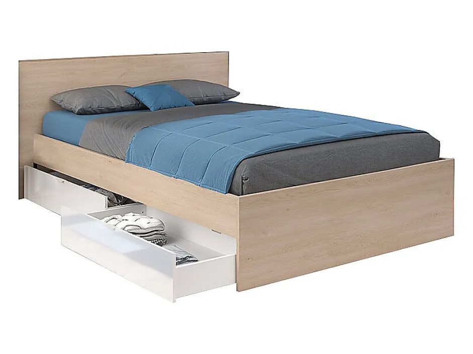 Vente-unique Lit avec 4 tiroirs 140 x 190 cm - Coloris : Blanc brillant et naturel - VELONA