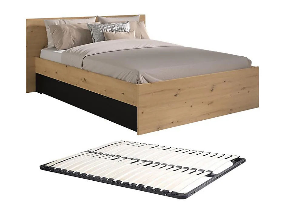 Vente-unique Lit avec 2 tiroirs 160 x 200 cm - Coloris : Naturel et noir + Sommier - VARLY