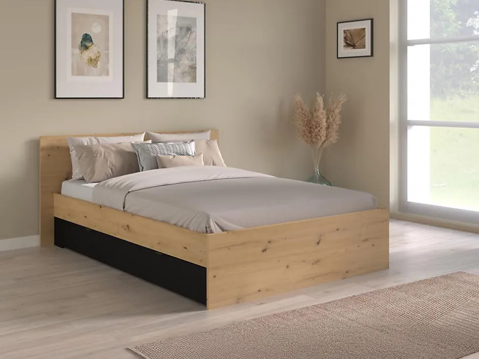 Vente-unique Lit avec 2 tiroirs 160 x 200 cm - Coloris : Naturel et noir + Sommier - VARLY