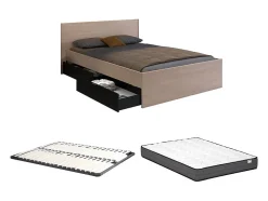 Vente-unique Lit avec 4 tiroirs 160 x 200 cm - Coloris : Naturel et noir + Sommier + Matelas - VELONA