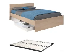 Vente-unique Lit avec 2 tiroirs 160 x 200 cm - Coloris : Naturel et blanc brillant + sommier - VELONA