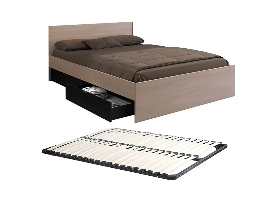 Vente-unique Lit avec 4 tiroirs 160 x 200 cm - Coloris : Naturel et noir + Sommier - VELONA